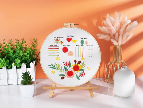 Embroidery Starter Kit for Beginners with Instructions, 3 Stamped Designs, 1 Bamboo Hoop, Thread Set, 9 Needles, Scissor, Threader, Seam Ripper......