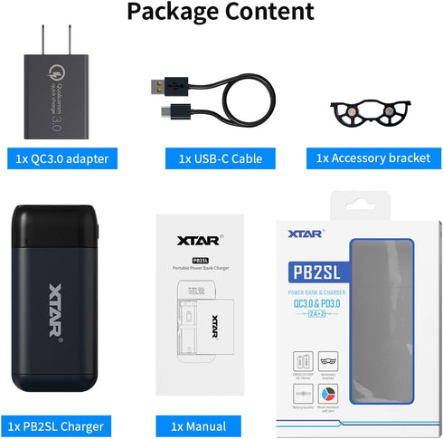 XTAR PB2SL 18650 Battery Charger with XTAR QC3.0 18W Wall Charger USB C Port 21700 Battery Charger with USB Output Function for 18650 20700 21700 ...