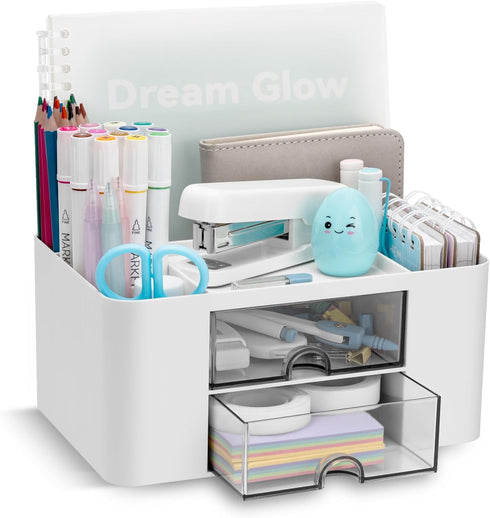 Desk Organizer with 2 Drawer, Multi-Functional Pencil Pen Holder for Desk, Desk Organizers and Storage with 5 Compartments, Desktop Organizer for ...