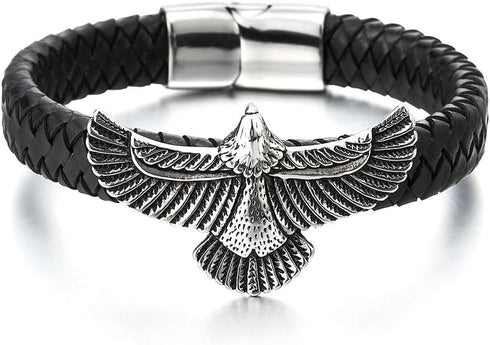 COOLSTEELANDBEYOND Rock Punk Stainless Steel Flying Eagle Bangle Bracelet Black Braided Leather Wristband for Men...