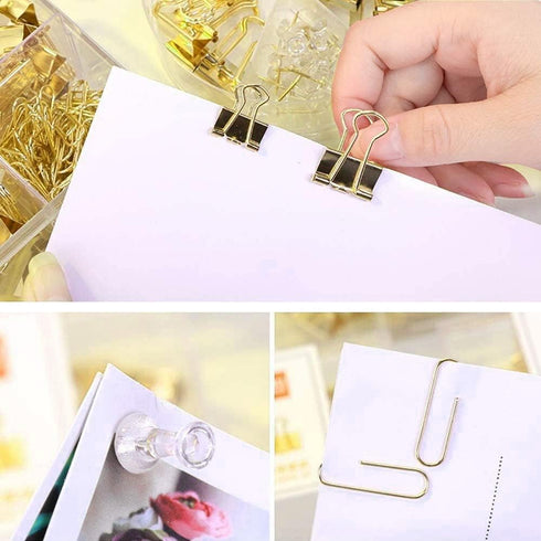 Gold Paper Clips and Binder Clips Set, Metal Assorted Sized Binders with Push Pins, Cute Gold Office Supplies for Desk, Desk Accessories...