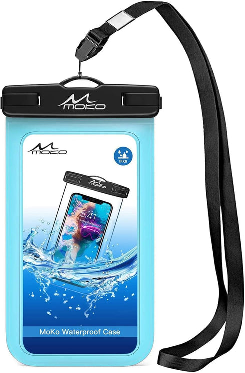 MoKo Waterproof Phone Pouch, Underwater Cellphone Case Bag with Lanyard Armband Compatible with iPhone 14 13 12 11 Pro Max X/Xr/Xs Max/SE 3, 8/7/6...