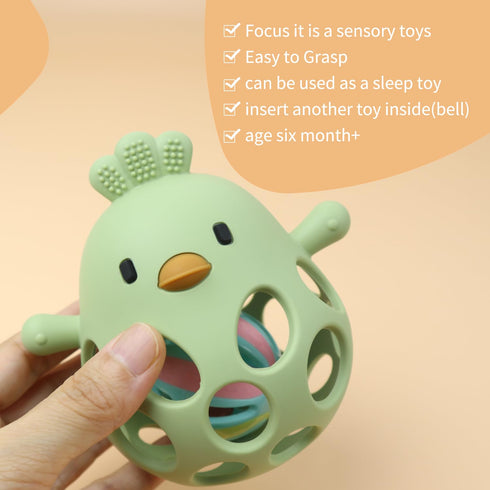 Baby Sensory 4-Piece Toy Set: Hollow Hand-Gripping Chicken Teether, Teething Mitten, Rattle Ball, and Anti-Drop Toy Strap (Green/Mango)...