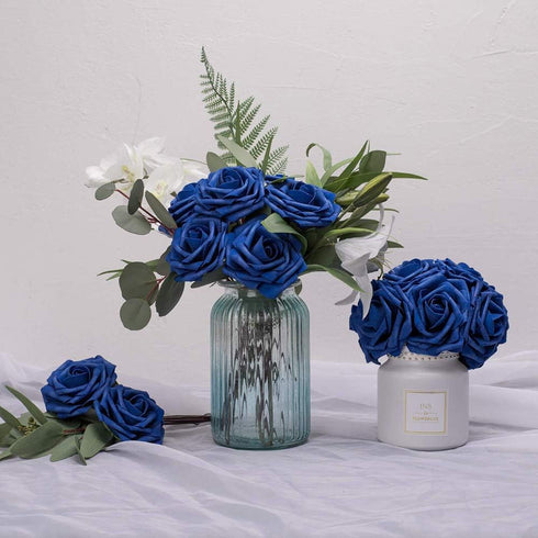 Artificial Flowers 25pcs Real Looking Royal Blue Foam Fake Roses with Stems for DIY Wedding Bouquets White Bridal Shower Centerpieces Arrangements...