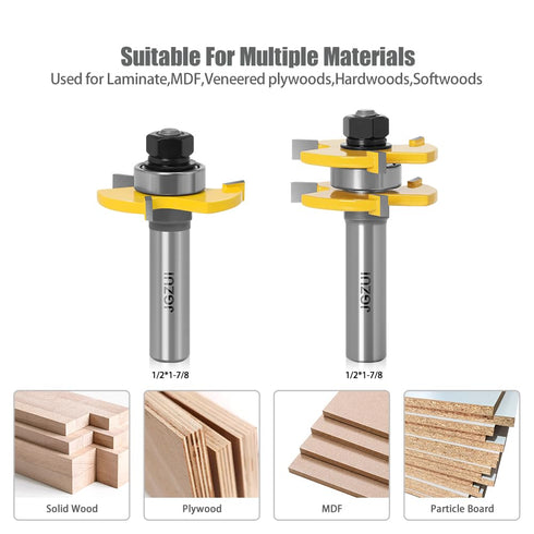 1/2 Inch Shank Tongue and Groove Set of 2 Pieces Router Bit 3 Teeth Adjustable T Shape Wood Milling Cutter?Tongue and Groove groove joints Router ...