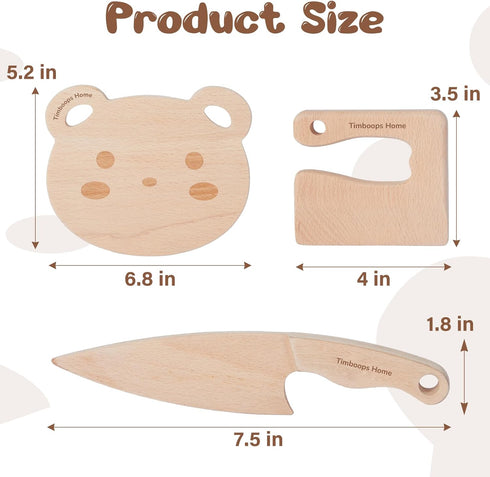 Wooden Kids Toddler Knife Set, Cutting Board and Safe Knife Set for Real Cooking, 3 Pcs Toddler Kitchen Tools, Cooking and Baking for Little Chefs...