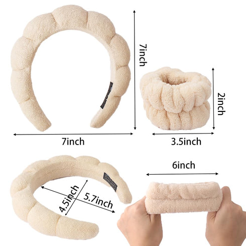 3PCS Spa Headband and Wristband Set, Sponge Headband for Washing Face Soft Puffy Headband Padded Hairband Facial Skincare Makeup Headbands for Wom...