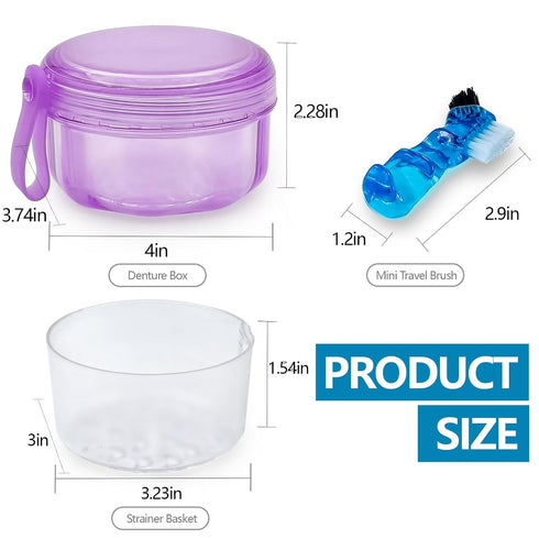 Leakproof Denture Case Purple Denture Soaking Cup False Teeth Container, Dental Denture Bath Holder Storage Box Retainer Cleaner Case for Travelin...