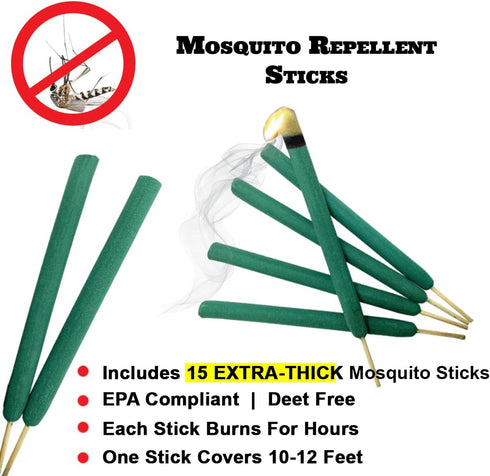 Mosquito Repellent Sticks EXTRA-THICK - Outdoor Use Reaches Up to 10-12 feet - Each Stick Burns for hours - (Three Pack Contains 15 Repellents)...