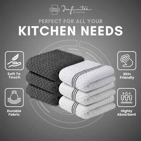 Infinitee Xclusives 100% Cotton Kitchen Towels - 15x25 Inch Ultra Soft Tea Towel, Super Absorbent Terry Dish Towels for Kitchen Linens |Grey|...