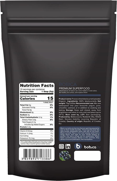 Organic Black Currant Powder from Freeze Dried Black Currants - Rich in Anthocyanins & Polyphenols - Plant Based Vitamin C - for Smoothies, Baking...