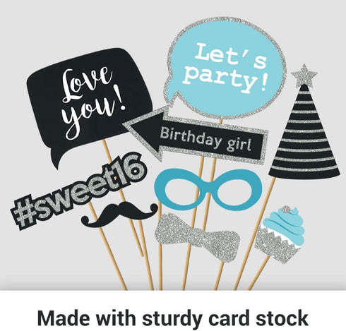 Fully Assembled Sweet 16 Birthday Photo Booth Props - Set of 30 - Teal Blue & Silver Selfie Signs - 16th Party Supplies & Decorations - 16th Bday ...