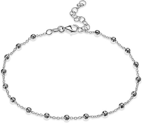 Quadri - Certified Made in Italy - 925 Sterling Silver Italian Anklet Beads Bracelet 3mm Diamond-Cut for Women and Teens 9+1 Inchs Adjustable...