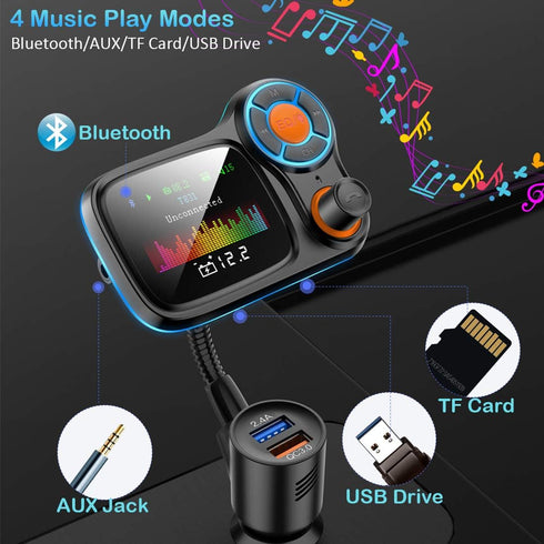 TSNAM Wireless Car Bluetooth Adapter,Radio FM Transmitters HandsFree Call Receiver and MP3 Music/APP Audio Play,QC3.0 and Smart 2.4A Dual USB Char...
