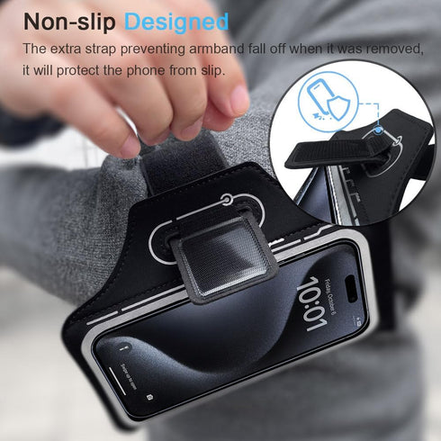 iPhone 16 15 Pro Max & Plus Armband, JEMACHE Gym Workouts Running Phone Arm Band for iPhone 16 15 14 13 12 11 Pro Max/Plus with Airpods Holder (Bl...