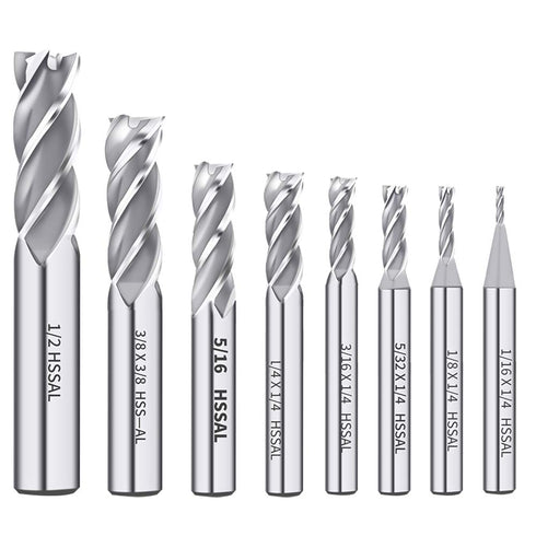 AUTOTOOLHOME 1/8" 3/16" 1/4" 5/16" 3/8" 1/2" high Speed Steel HSS 4 Flute Straight End Mill Cutter 5/32" 1/16" Set of 8...