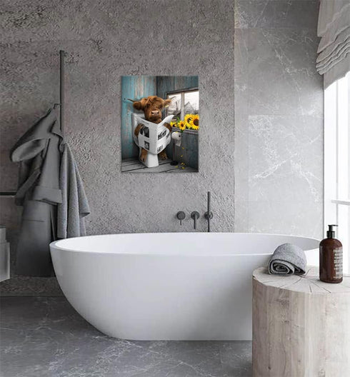 RAMEFLAO Highland Cow Bathroom Decor Funny Bathroom Wall Art Farmhouse Cow In The Toilet Picture Rustic Cow Bathroom Canvas Painting Home Wall Dec...