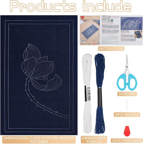 FREEBLOSS Sashiko Tea Mat DIY Sashiko Kit with Instructions Sashiko Kit for Beginners 12.2 * 6.7'' Lotus Sashiko Japanese Needlework Kit for House...