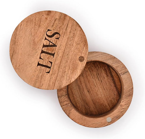 Acacia Wood Round Condiment Pot with Magnetic Swivel Lids for Kitchen Countertop "Salt" Engraved on Lid (3.5” x 3.5” x 2.5”)...