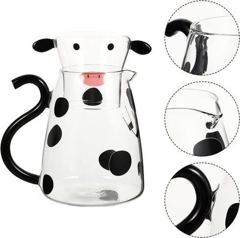 1 Set Glass Carafe Pitcher with Glass Mug Cute Cow Glass Tea Pitcher Kettle Milk Jug Night Water Carafe for Midnight Drink Home Office Hotel 550ml...