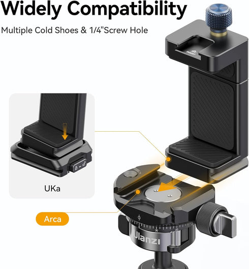 ULANZI MA33 Metal Phone Tripod Mount w Arca Port&2 Cold Shoes, Adjustable Smartphone Tripod Adapter Clamp Cell Phone Stand Holder Suitable for iPh...