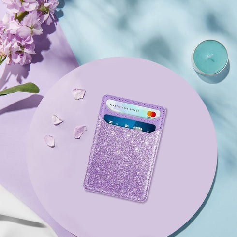Self Adhesive Card Holders for Back of Phone, Leather RFID Phone Wallet Pockets Stick On, Credit Card Holders Sleeve for Phone Case, Glitter Purpl...