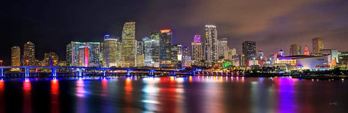 Miami Skyline UNFRAMED Photo Poster Print NIGHT Color Downtown City 11.75 inches x 36 inches Archival Photographic Panorama Picture Standard Size...