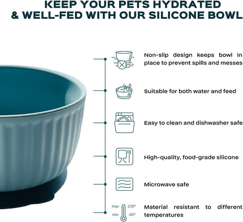 Cat Bowls with Suction Cup 400ml with Silicone Lid — Elevated Silicone Pet Dish with Non-Slip Bottom for Dry Food, Wet Food and Water — Silicone W...