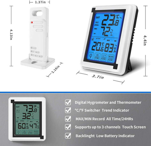 Number-one Indoor Outdoor Thermometer Humidity Monitor, Wireless Digital Hygrometer Humidity Temperature Sensor Large Touchscreen Backlight, Humidity Gauge Meter Cold Resistant Weatherproof