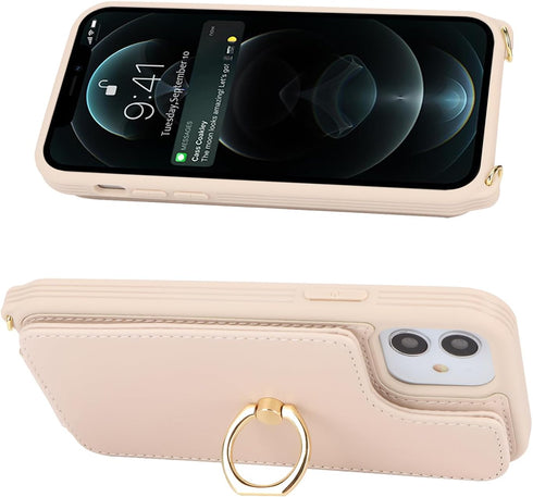for iPhone 11 Phone Case with Card Holder and Strap for Women,Crossbody Lanyard,Kickstand Ring Stand,Snap Clasp,Phone Wallet Cases 6.1 inch(Beige)...