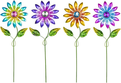 4 Pcs Metal Flower Garden Stakes, 16.3inch Outdoor Garden Decor Metal Flower Stick for Patio, Lawn, Yard, Pathway...