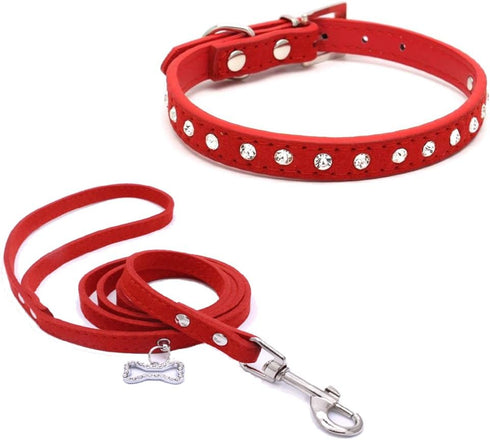Dogs Kingdom 10 "-16.5" Total Length Suede Skin Jeweled Rhinestones Pet Dog Collar Leash Set Sparkly Crystal Diamonds Studded Leather Puppy Dog Ca...