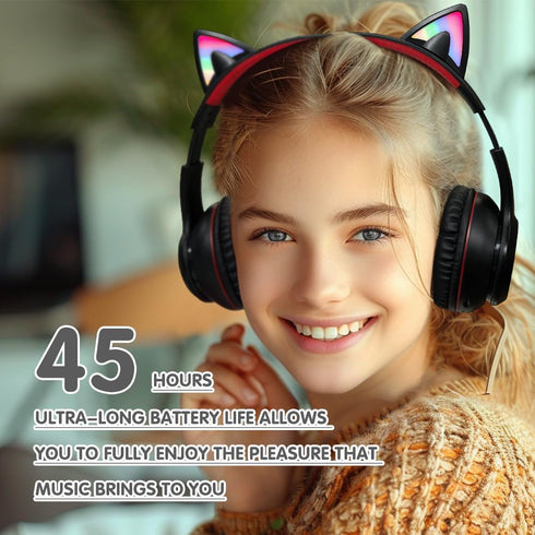 Headphones Cat Ear Wireless Bluetooth 5.3 60H Over Ear, 8H with Led Light Foldable Music Gaming Headset with Aux 3.5mm Mic for Game Pad Tablet Lap...