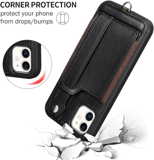 TOOVREN for iPhone 11 Wallet Lanyard Case Protective Cover with PU Leather Card Holder Adjustable Detachable Phone Lanyard Stand Strap for iPhone ...
