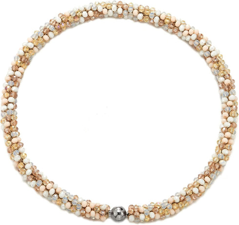 COOLSTEELANDBEYOND Gold Cream White Beads Crystal Statement Necklace Braided Chain Choker Magnetic Clasp...