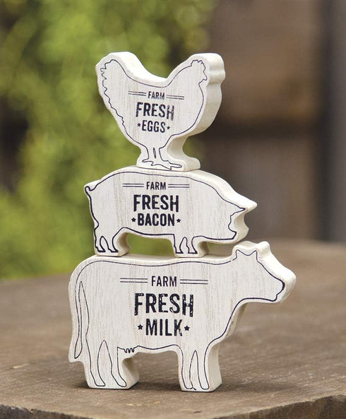 Hearthside Farmhouse Animal Wood Shelf Sitter Stack - Set of 3 - Cow Pig Chicken - Fresh Milk Fresh Bacon Fresh Eggs - Country Distressed Decor...