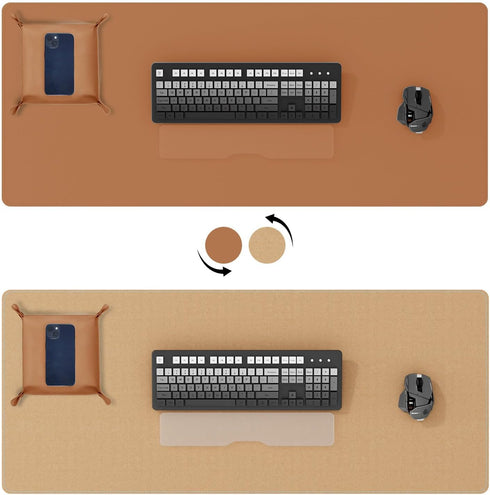 DAWNTREES Dual Sided Desk Mat,Leather Desk Pad,Brown Cork Desk Mat Protector,with PU Leather Valet Tray Organizer,Large Mouse Pad,Desk Writing Pad...