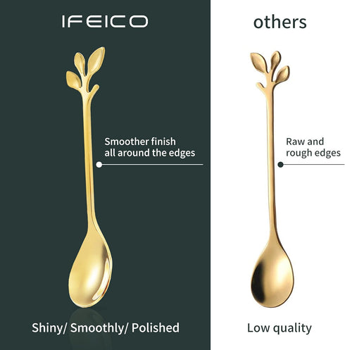12 PCS Stainless Steel Gold Dessert Spoons, IFeico Coffee Spoons Set, 4.7 inch Ice Cream Leaf Spoon, Tea Demitasse Stirring Spoon for Family Parti...