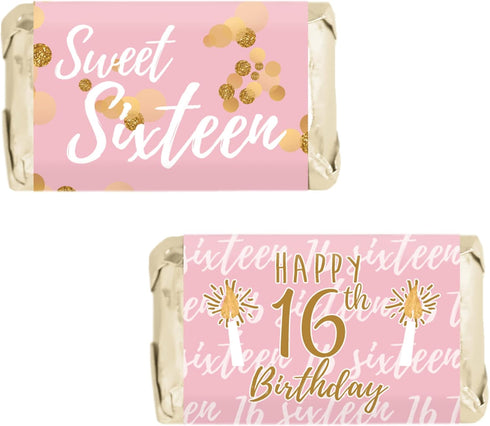 Pink and Gold Sweet 16 Birthday Party Mini Chocolate Candy Bar Wrappers, Pink Sweet Sixteen Party Favor Stickers - 42 Count...