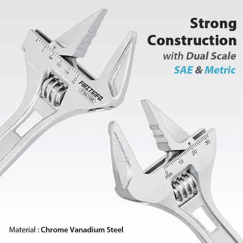 FIRSTINFO F36108 8" Hookable Deep Throat Adjustable Wrench, 1-1/4 inch (32mm) Wide Jaw Opening, Metric & SAE Scales | Chrome-Vanadium Steel Constr...