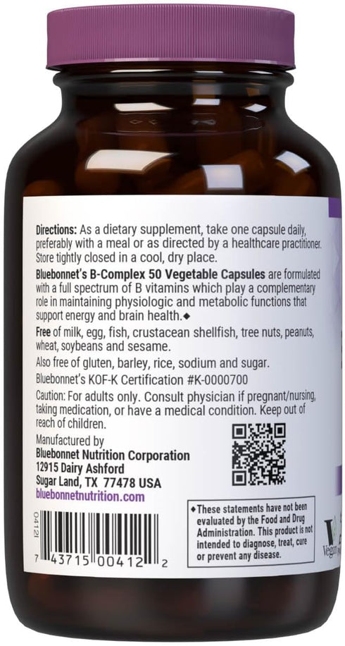 Bluebonnet Vitamin B Complex Full Spectrum B Vitamins - Energy Support - Complete Vit B Inositol Biotin Riboflavin Folate as Folic Acid Choline B6...