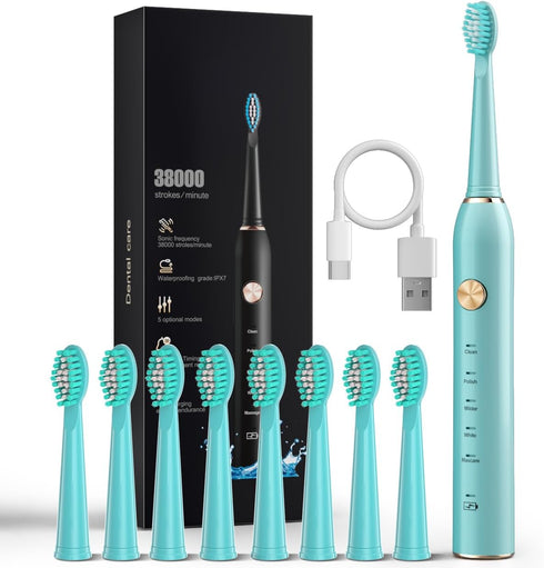 USB Rechargeable Sonic Electric Toothbrush for Adults Powered Motor Soft Dupont Brush Heads 2 Minutes Timer 5 Modes Teeth Whitening, Green...