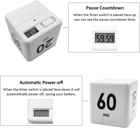 Kitchen Cube Timer, Kids Timer for ADHD Productivity Workout Flip Classroom for StudyTime Countdown Management Settings 15 20 30 60 Mins, White...