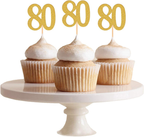 Donoter 50pcs 80th Cupcake Toppers Gold Glitter Number 80 Cake Picks for Birthday Anniversary Party Decoration...