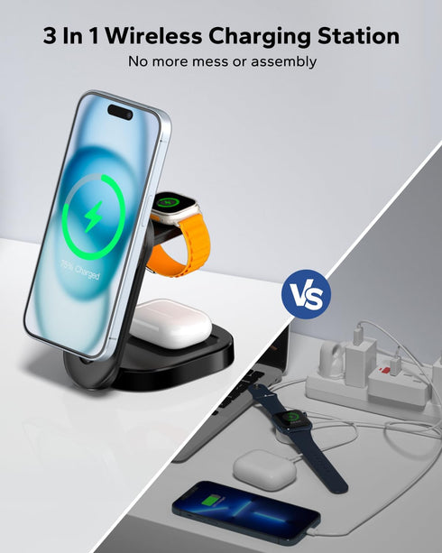 KPON 3 in 1 Wireless Charging Station for Apple Mag-Safe, Magnetic Wireless Charger Stand Foldable for Multiple Devices,Travel Charging Dock for i...