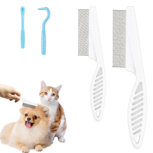 2pcs Pet Combs & 2pcs Tick Removal Tool, Fine-Tooth Flea Comb Tear Stain Removal Multifunctional Magic Pet Hair Cleaning Grooming Tools with Stain...