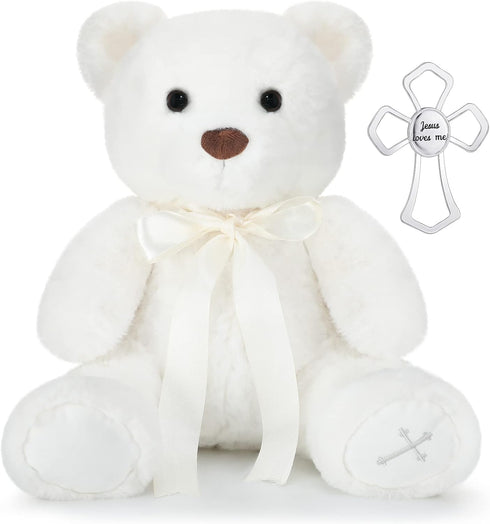 Karenhi 10 Inch The Lord's Prayer Bear with Ribbon Stuffed Bears Plush White Plush Stuffed Animal Religious Baptism Gifts for Girls Boys Baby...