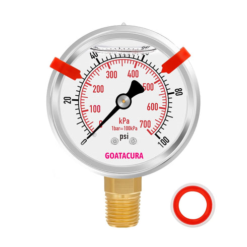 0-100psi Glycerin Filled Pressure Gauge, 2-1/2" Dial Size, Stainless Steel Case, with Red Range Mark, 1/4" NPT Lower Mount, for Measuring Air Comp...