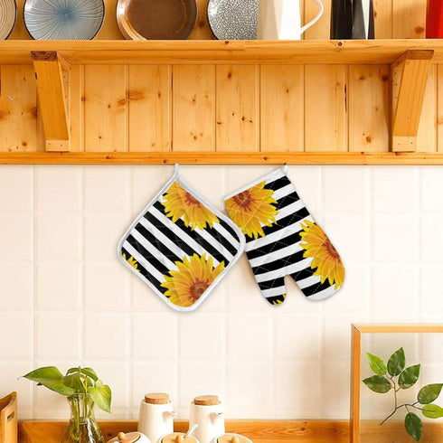 Set of Oven Mitt and Pot Holder, Sunflowers Oven Gloves Heat Resistance Non-Slip Surface for Kitchen BBQ Cooking Baking Grilling, Black White Stri...