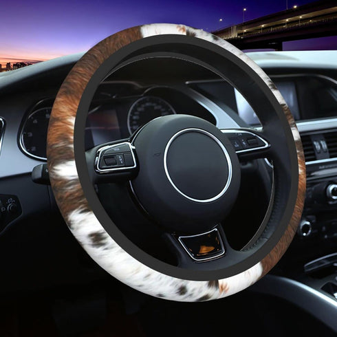 Faux Cowhide Print Steering Wheel Cover Non-Slip Neoprene Universal 15 Inch Car Steering Wrap for Women/Men...